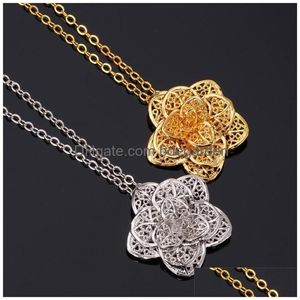 Colliers pendants Déclaration de fleur creuse Collier de tour de cou floral Platine 18K Real plaque d'or Coll Link Chaîne Chunky Jewelry Dhqpy