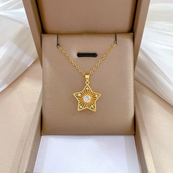 Pendentif Colliers Collier étoile creuse avec pierres CZ en acier inoxydable doré fleur à cinq branches femme bijoux de luxe Estrellas