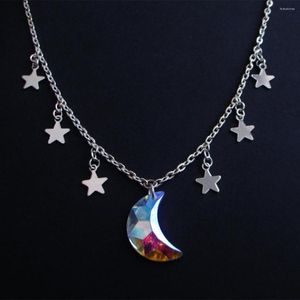 Colliers pendentifs Collier lune holographique - Pastel Goth Grunge Boho- Crescent Goddess And Star Choker