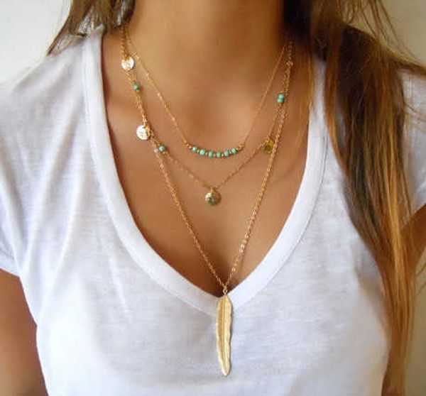 Pendentif Colliers Hot Fashion Or Couleur Multicouche Coin Glands Lariat Bar Colliers Perles Choker Plume Pendentifs Colliers Pour Femmes Bijoux Z0321