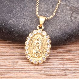 Pendentif Colliers Vente chaude Ins Mode Vierge Marie Cuivre Zircon 14k Or Jaune Pendentif pour Femmes Chaîne Collier Bijoux Faits À La Main