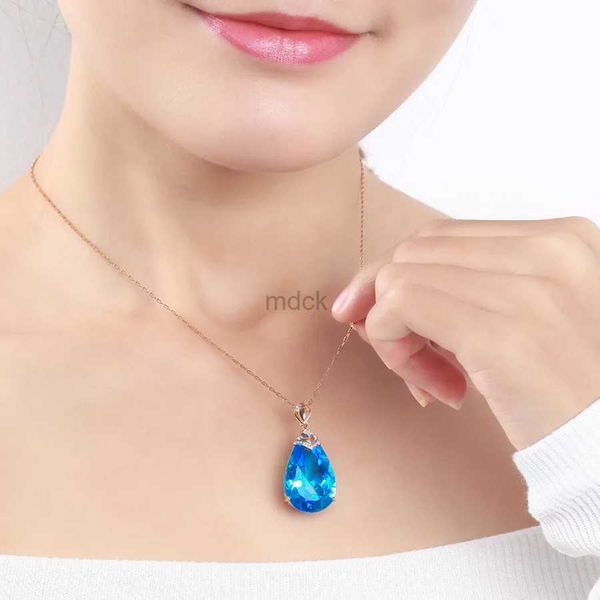 Colliers pendants Hoyon 14K Rose Gold Color Collier Blue Sapphire Pendant Femmes Topaze Chalcédoine Percenki Bizuteria Jewelry 240419