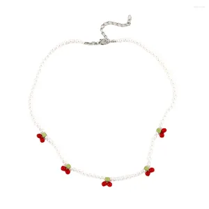 Colliers pendentifs HWJQ Collier de perles de cerise Chaîne de clavicule perlée Rouge Vert Résine légère Plastique Simplicité 46 cm Longueur