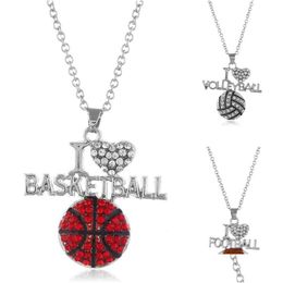 Colliers pendants I Love Basketball Volleyball Football pour femmes Cristal Ball Shape Rugby Chains Fashion Sports Lover Bijoux Bijoux Dr Dhh6g