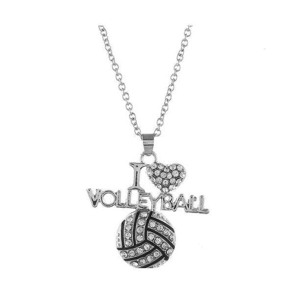 Collares colgantes Amo el voleibol Carta de cristal Corazón Baloncesto Fútbol Sier Cadenas para mujeres Moda Deportes Joyería Regalo Gota OTE7M