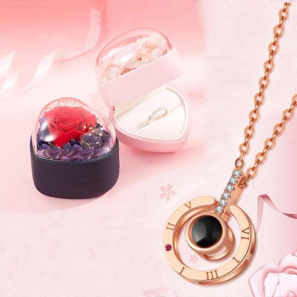 Colliers pendentifs je t'aime collier de projection avec boîte-cadeau de vraie rose pour petite amie femme cadeaux de la Saint-Valentin 2023 en bijoux romantiques