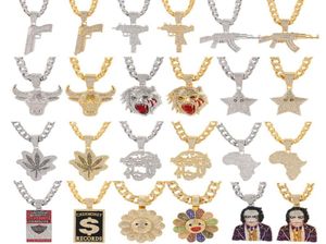 Colliers pendants Iced Out Big Crystal Cuban Chain avec joker Africa Map Gun Flower Animal Charm Hip Hop JewelryPendant NE9036820