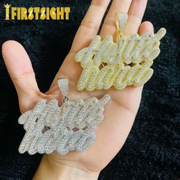 Collares colgantes Iced Out Bling Letras cursivas Hustle Hard Colgante Collar CZ Zircon Color Plata Carta Charm Hombres Mujeres Hip Hop Joyería 230915