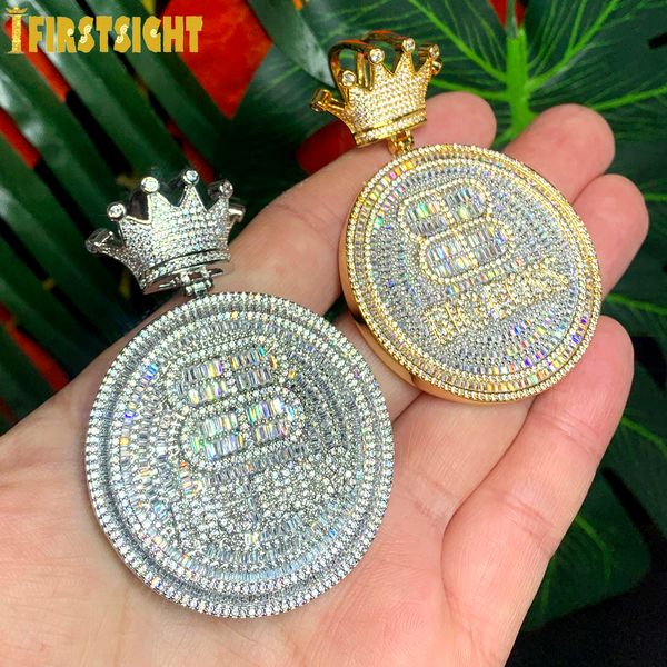 Collares colgantes Iced Out Bling CZ Corona Letra redonda Big B Colgante Collar Cubic Zirconia Bitcoin Charm Hombres Mujeres Moda Hip Hop Joyería 230824