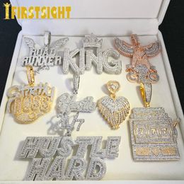 Hanger kettingen Iced Out Bling CZ Letter Hustle Hust Rich Lucky Pendant Necklace 5a Zirkon Badge Fluorescentie Charms Men Hip Hop Jewelry 230522