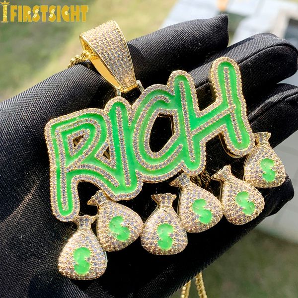 Glacé Bling CZ lettre riche pendentif collier Zircon Dollar signe vert fluorescent argent sac charme hommes Hip Hop bijoux 230826