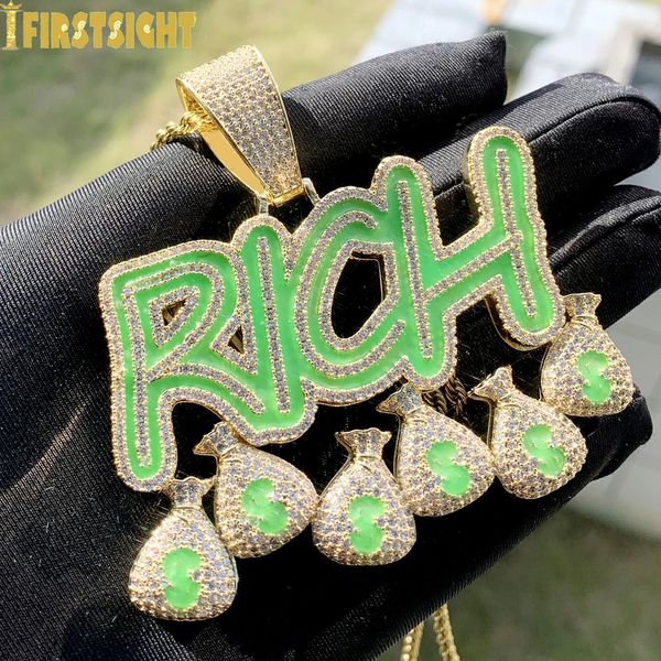 Glacé Bling CZ lettre riche pendentif collier Zircon Dollar signe vert fluorescent argent sac charme hommes Hip Hop bijoux 231204