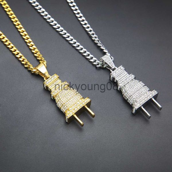 Pendentif Colliers Iced Out Bling Hommes Micro Pave Plein Strass Plug Pendentif Collier Or Argent Plaqué Charme Cubain Chaîne Hip Hop Bijoux x0711