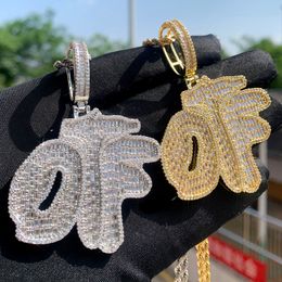 Glacé Bling Rectangle CZ lettres OTF pendentif collier cubique zircone plaqué or charmes hommes femmes Hip Hop bijoux 230821