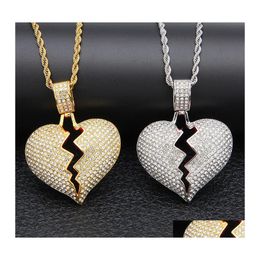 Collares pendientes Iced Out Broken Love Heart Mens Bling Crystal Rhinestone Charm Gold Sier Twisted Chain para mujeres Hip Hop Drop Deli Oti37