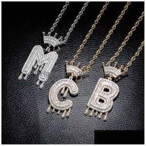 Colliers pendentifs Colliers de lettre de couronne glacée Gold Sier Drip A-Z Pendentif initial avec chaîne de corde torsadée pour hommes femmes mode Cz Dhcdh