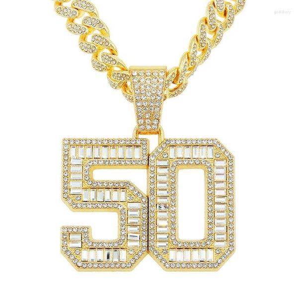 Collares colgantes Iced Out Crystal Número 50 Collar de encanto para hombres Mujeres Hip Hop Cadena cubana Gargantilla Moda Rapero Joyería DropPendant Godl
