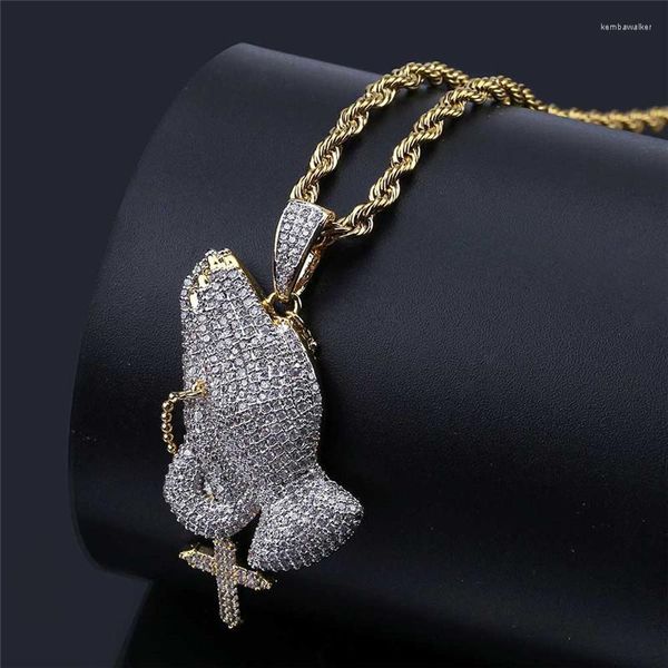 Pendentif Colliers Glacé Zircon Cubique Mains En Prière Avec Croix Charmes Collier De Mode Hip Hop Bijoux Pour Chrétien