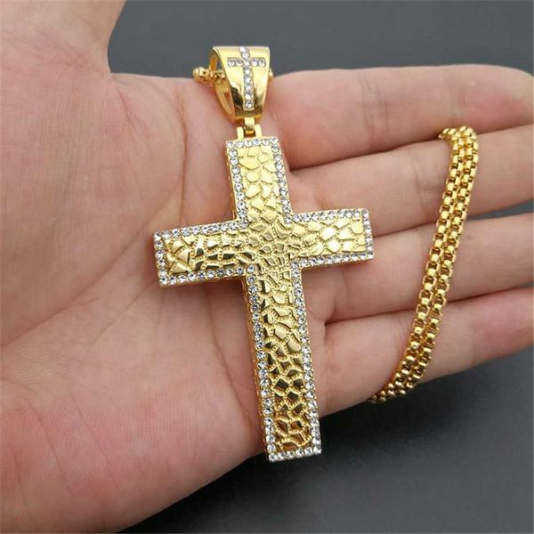 Pendentif Colliers Iced Out CZ Grand Grand Pendentif Croix Avec Chaîne Or Couleur En Acier Inoxydable Hommes Collier Hip Hop Bling Bijoux N1492 G230206