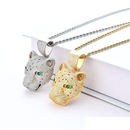 Hangende kettingen Iced Out Green Eye Leopard Head ketting voor vrouwen bling cz zirconia dieren goud sier ketens hiphop rapper juwelen dhznd