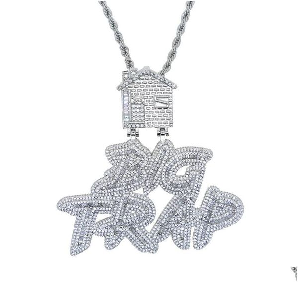 Pendentif Colliers Glacé Lettre Big Piège avec Maison Pave FL Zircon cubique Fit Chaîne Cubaine Hip Hop Collier Bijoux En Gros Drop D Otfbe