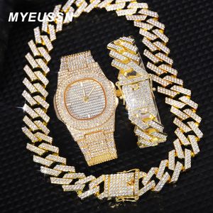 Hanger kettingen Iced out out Watch heren Cuban link ketting armband ketting ketting bling sieraden mannen big gouden kleur ketens hiphop punk set 230506