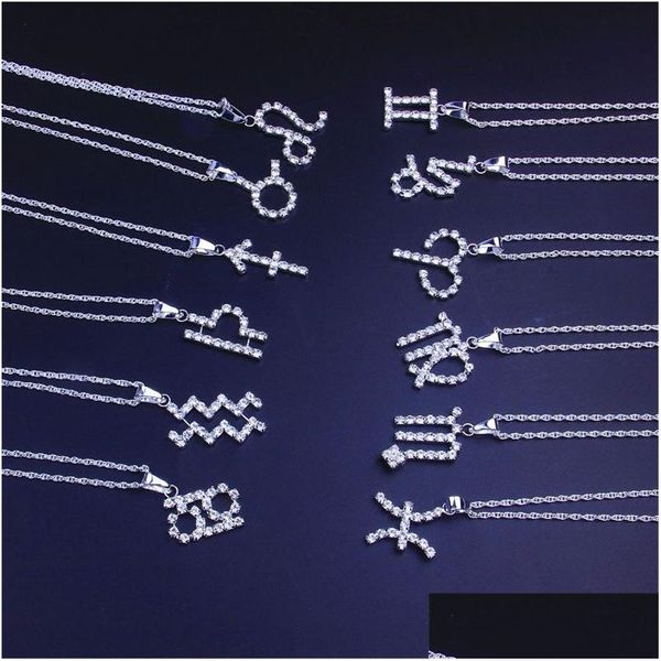 Colliers pendentifs glacés signe du zodiaque colliers or Sier Bélier Horoscope strass pendentif femmes 12 Constellation en acier inoxydable M Dhvvy