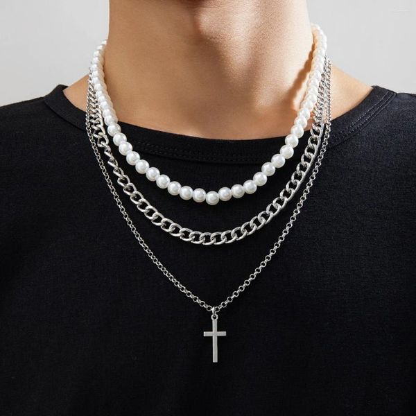 Colliers pendentifs Imitation perle et chaîne épaisse avec pendentifs croisés collier pour hommes chaînes séparables à la mode sur le cou accessoires mode