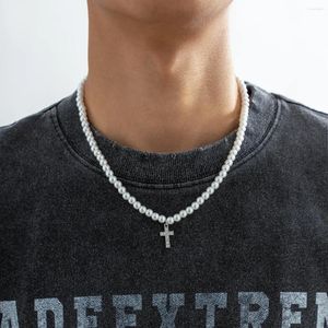 Pendentif Colliers Imitation perle perles chaîne avec strass brillant croix pendentifs collier hommes à la mode blanc perlé tour de cou sur le cou 2024 mâle