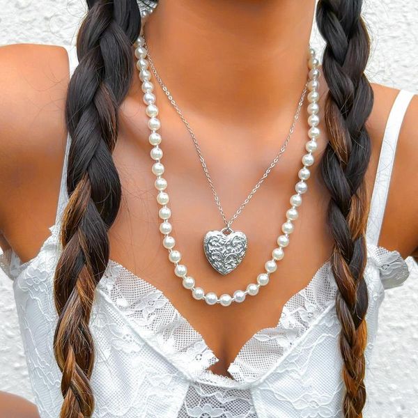 Collares colgantes Cadena de cuentas de perlas de imitación con colgantes de corazón grande, collar para mujer, cuello de Chians en capas separables a la moda 2023
