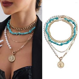 Collares colgantes Collar de perlas de imitación Conjunto bohemio Boho en capas de turquesa con cuentas con clip para mujeres