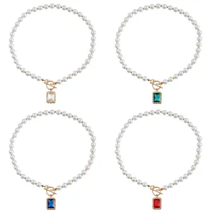 Pendentif Colliers Collier de perles d'imitation pour femmes Chaînes de pull Square Zircon Mariage Collier de mariée Bijoux Accessoires de mode