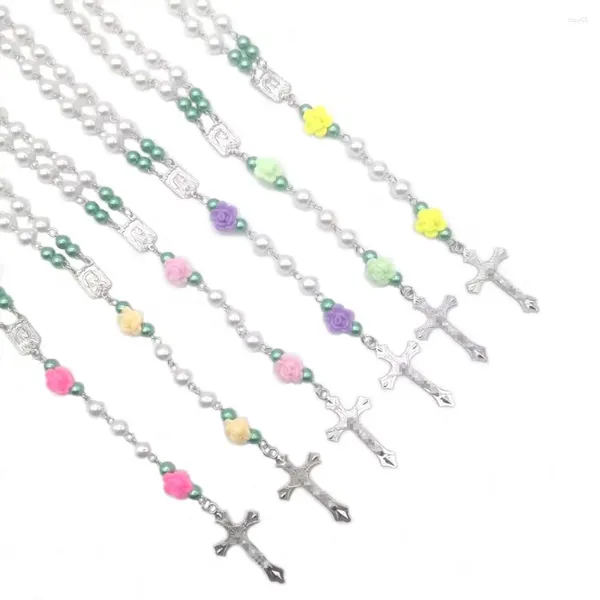 Pendentif Colliers Imitation Perle Rose Prière Collier De Perles Vente Croix Colorée Pour Unisexe