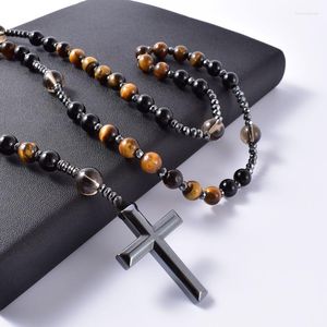 Collares pendientes en ónix negro natural con piedra de ojo de tigre Cristo católico Rosario hematita Cruz hombres collar inicial