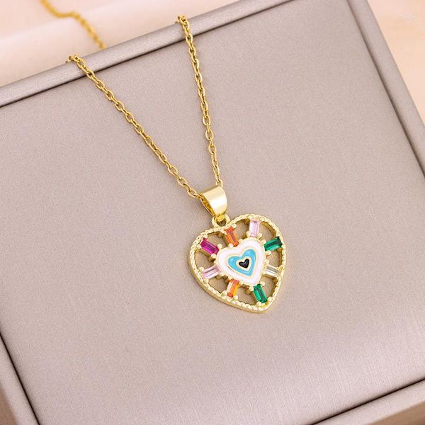 Colliers avec pendentif en forme de cœur en Zircon coloré pour femmes, Style rétro, tendance, chaîne de cou en acier inoxydable 316L, bijoux, vente en gros