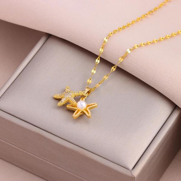 Collares colgantes en moda 18k chapado en oro estrella de mar abierta para mujeres joyería de cadena de clavícula de acero inoxidable al por mayor