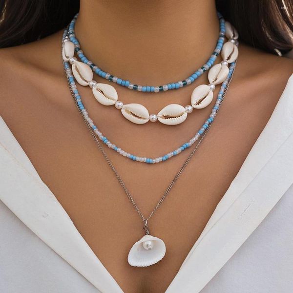 Pendentif Colliers IngeSight.Z 4pcs / Set Bohemian Coloré Riz Perlé Shell Collier Femmes Charme Imitation-Perle Ras Du Cou Bijoux