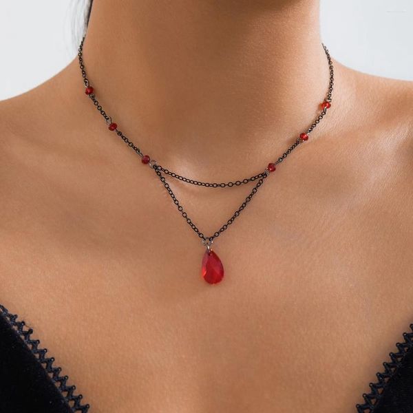 Pendentif Colliers IngeSight.Z Gothique Double Couche Rouge Gouttelette D'eau Cristal Collier Pour Femmes Sexy Métal Lien Clavicule Chaîne