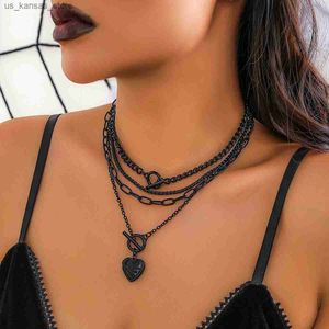 Colliers pendentifs ingesight.Z Gothic Multi-Lowered Black Ot Backle Peach Heart Pendant Collier Set Womens Punk Cuban Chain Collier240408