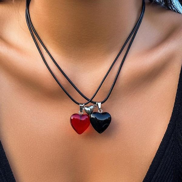 Pendentif Colliers IngeSight.Z Lovers' Magnétique Verre Pêche Coeur Collier Ensemble Pour Femmes Hommes Gothique En Cuir Noir Cire Fil Ras Du Cou Cou