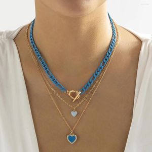 Collares colgantes IngeSight.Z Corazón de diamantes de imitación multicapa para mujeres Punk Vintage Pintura en aerosol azul Cadena de eslabones cubanos Cuello de gargantilla