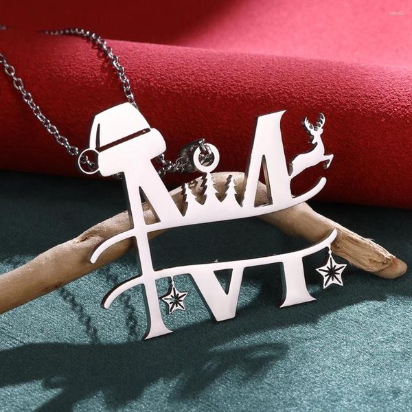 Pendentif Colliers Initiale En Acier Inoxydable Sleigh Elk Collier Pour Femmes Hommes Étoile Lettre Argent Couleur Chaîne Bijoux De Noël