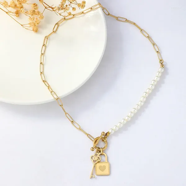 Collares colgantes Ins 14k chapado en oro de acero inoxidable con cerradura de corazón, collar de cadena de perlas de cristal para mujeres, fiesta hipoalergénica a prueba de agua