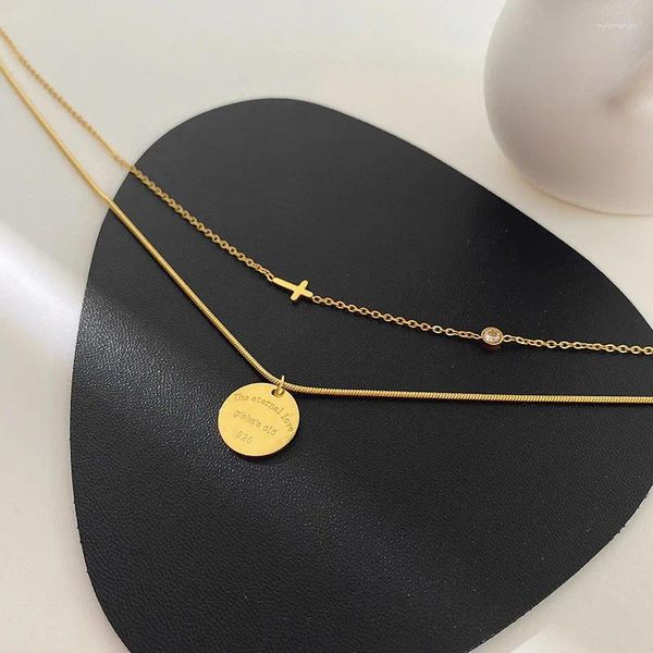 Pendentif Colliers Ins 18K plaqué or en acier inoxydable multicouche chaîne croix disque rond collier de charme pour les femmes imperméable hypoallergénique