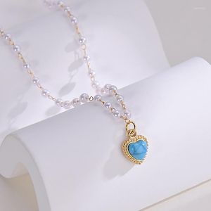 Colliers pendants Collier de coeur perlé de design français pour femmes élégant bleu clavicule chaîne en acier inoxydable accessoires collier