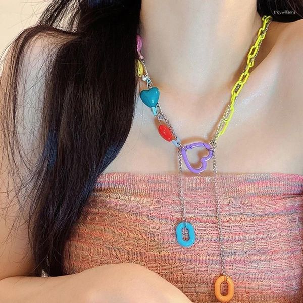 Collares colgantes Estilo Ins Collar de corazón colorido Aleación Empalme Cadena de cuello para niñas Dropship