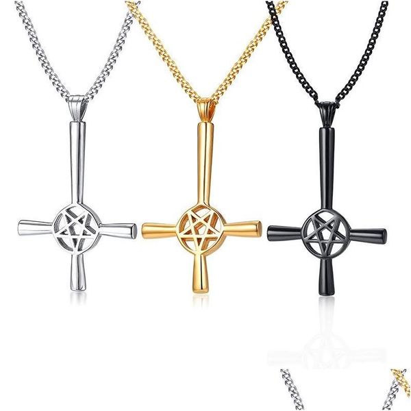 Collares colgantes Pentagrama Collar cruzado para hombres Símbolo satánico Acero inoxidable al revés Lucifer Satan Crucifix Deliv DHF2M