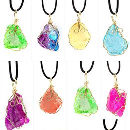 Hanger kettingen Irregar Electroplating Color Natural Crystal Druzy Druuse Draad Wrap Stone ketting voor vrouwen Drop levering J Dhgarden Dhrl2