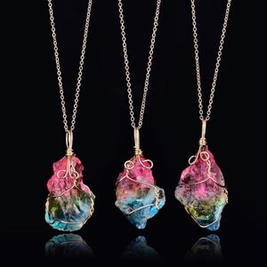 Pendentif Colliers Irrégulière Cristal Naturel Pierre Fil Wrap Collier Pour Femmes Arc-En-Quartz Reiki Healing236h