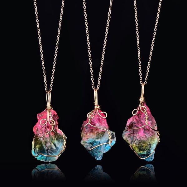 Pendentif Colliers Irrégulière Cristal Naturel Pierre Fil Wrap Collier Pour Femmes Rainbow Quartz Reiki Guérison